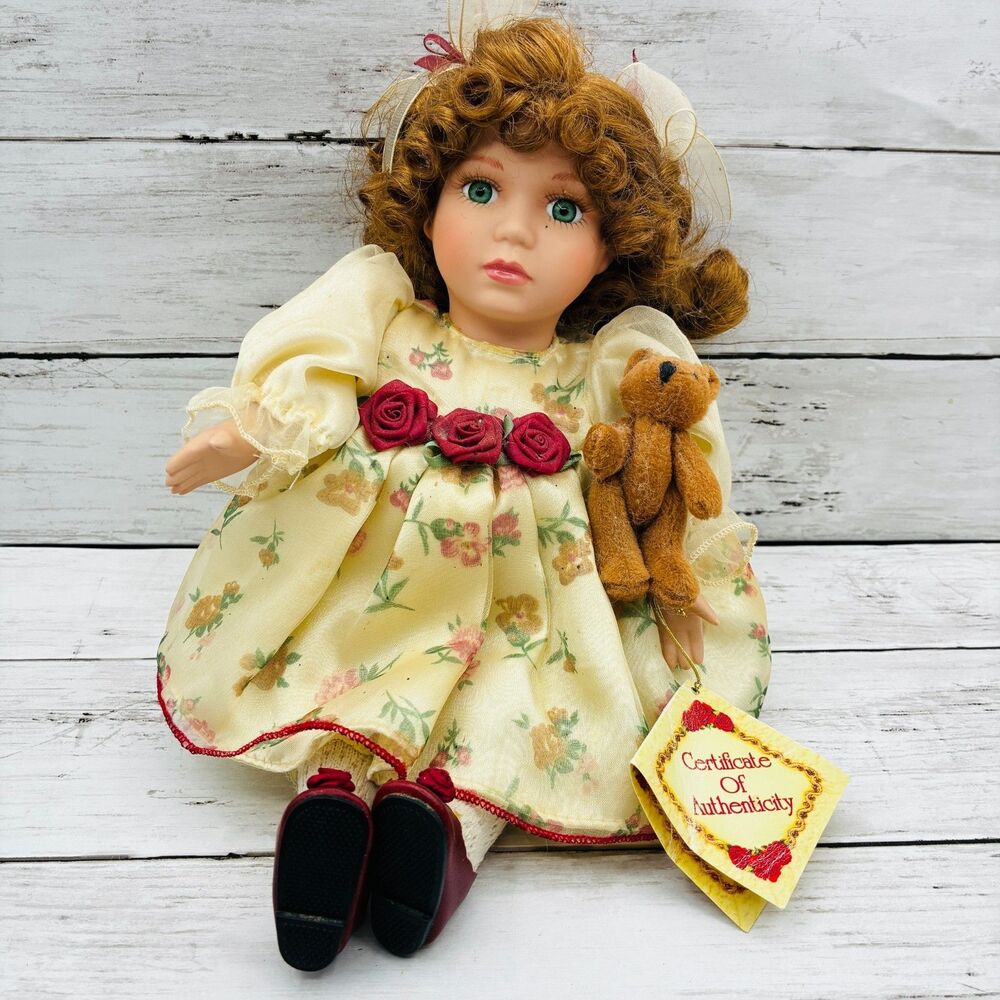 Title: Collector's Choice Porcelain Musical Doll Teddy Bear Floral Dress 15"
